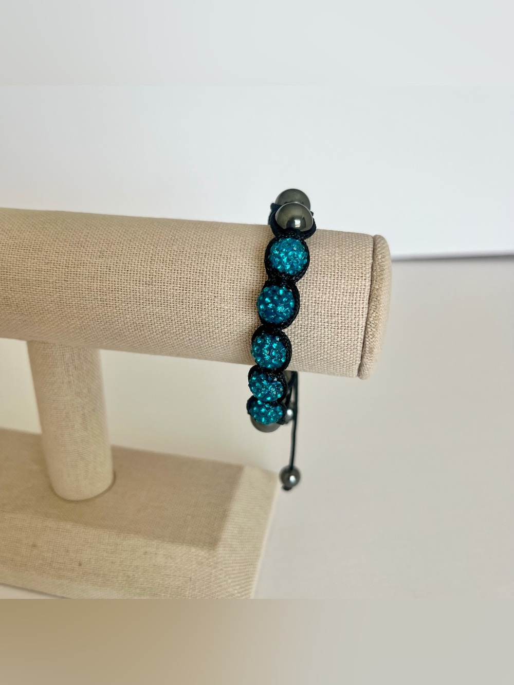 Shamballa Style Teal Crystal & Hematite Bead Adjustable Bracelet